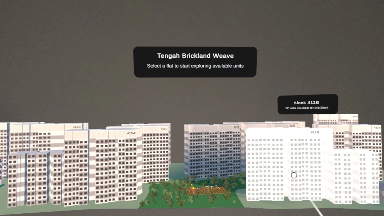 Bird's-eye view of the estate with block selection UI