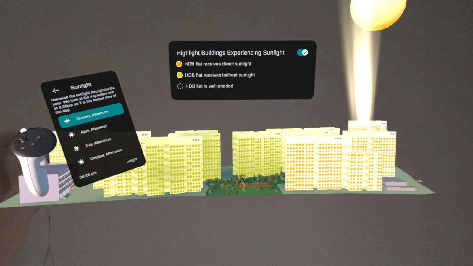 Sunlight simulation showing direct and indirect sunlight on buildings