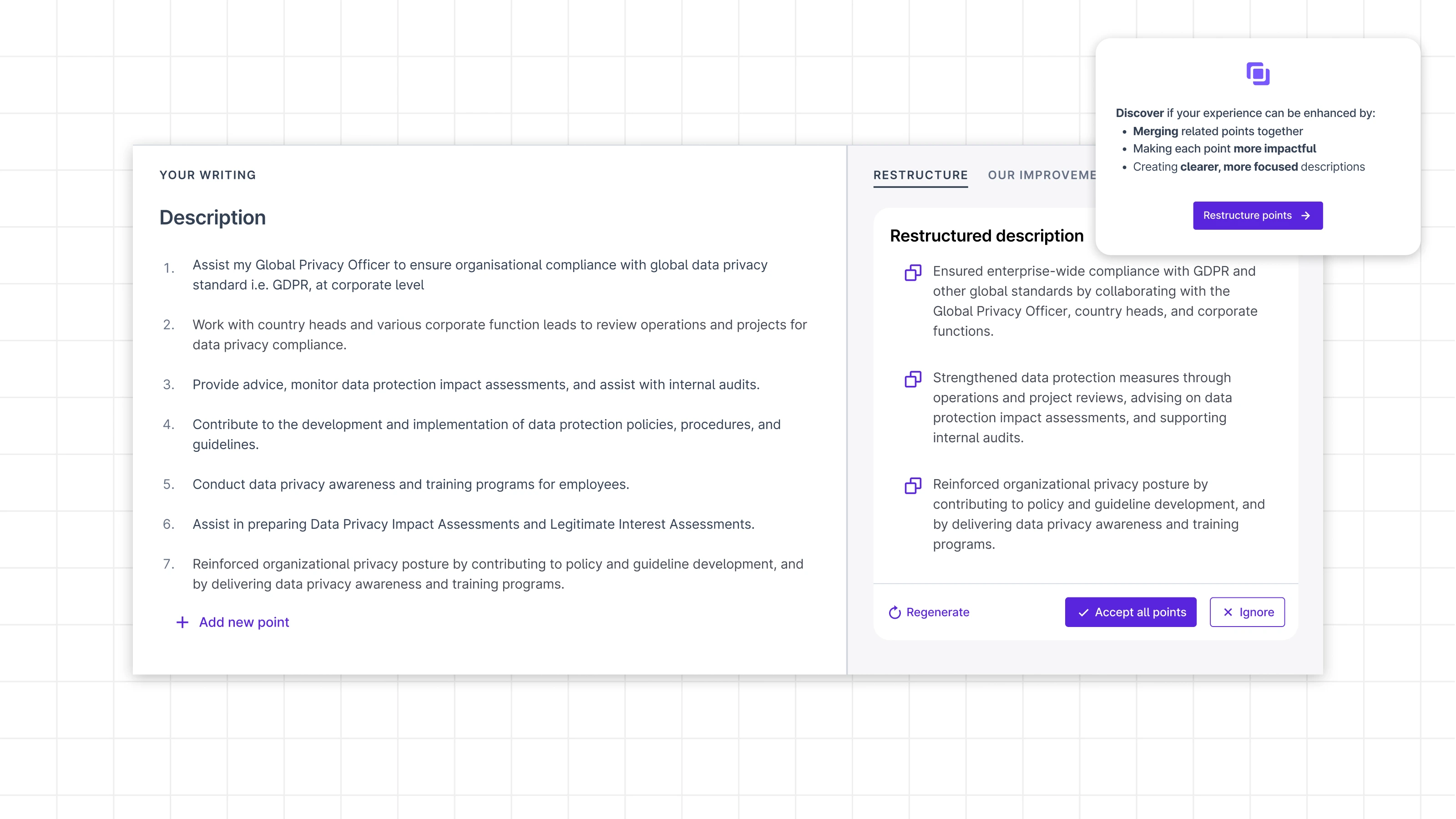 Resume restructuring interface showing original bullet points and AI-enhanced restructured descriptions
