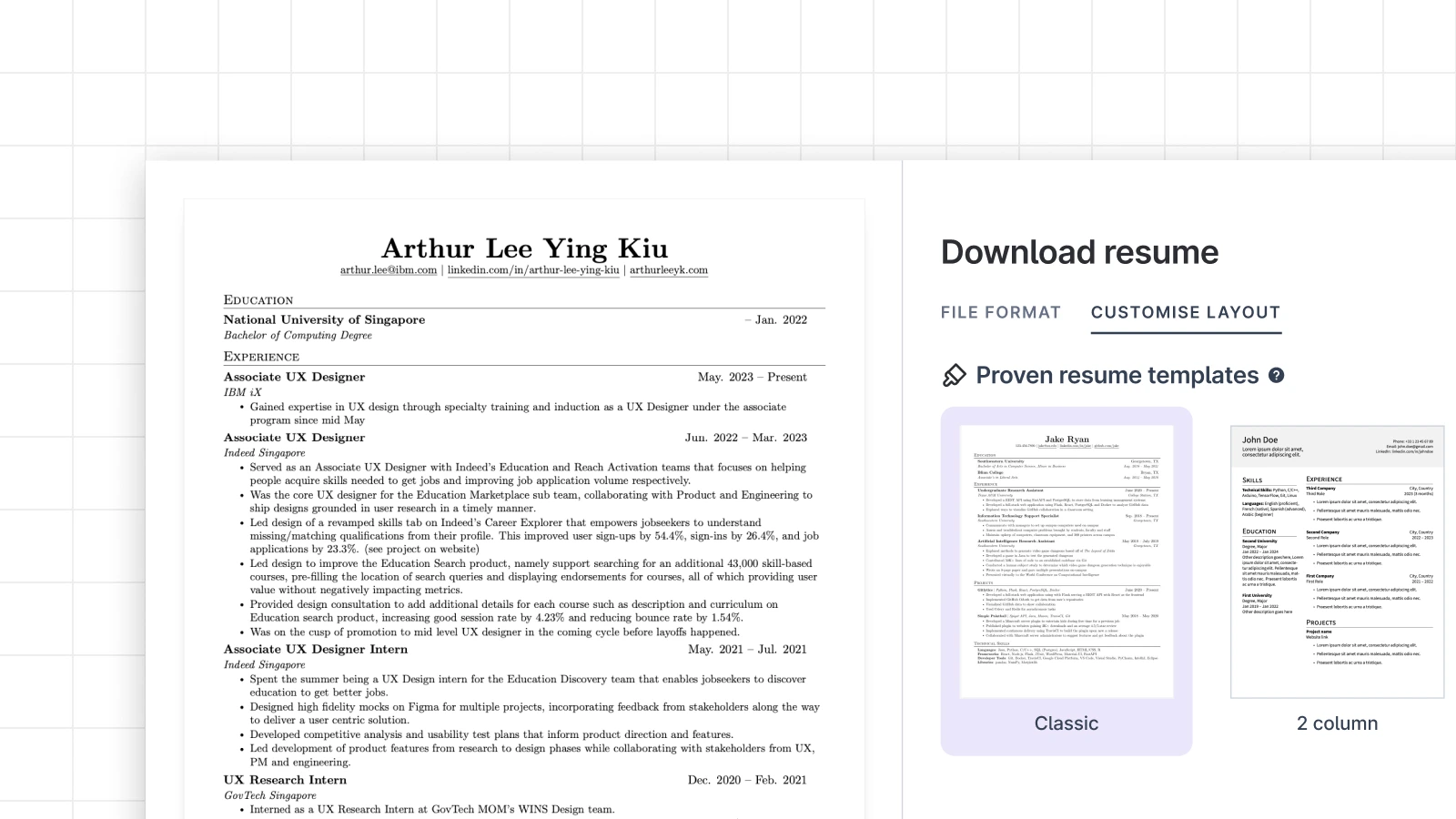 Export formats interface showing different resume template options